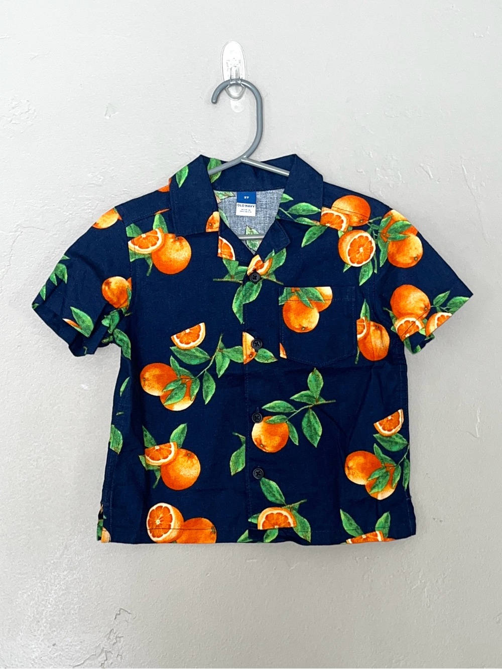 Old Navy Boys 2T Button Down Shirt Tropical FL Naval Orange Fruit Tree Print